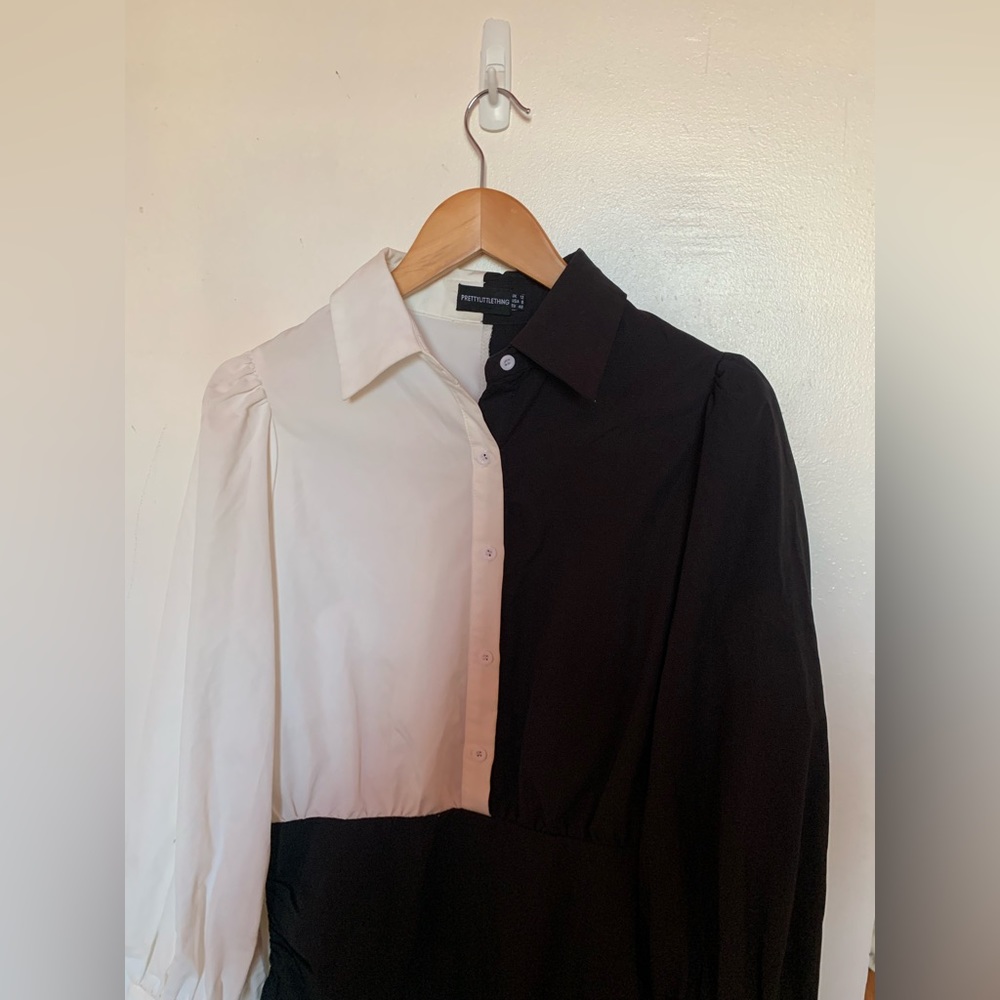 MONOCHROME CONTRAST DETAIL LONG SLEEVE SHIRT DRESS - Picture 4 of 7
